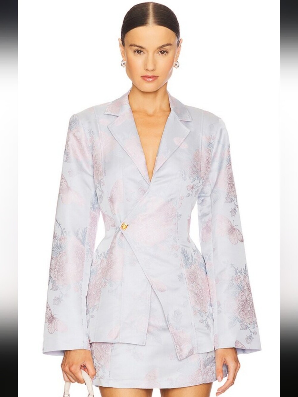 Yellow The Label Sylvie Asymmetrical Floral Azura Blue Satin Blazer Size Medium
